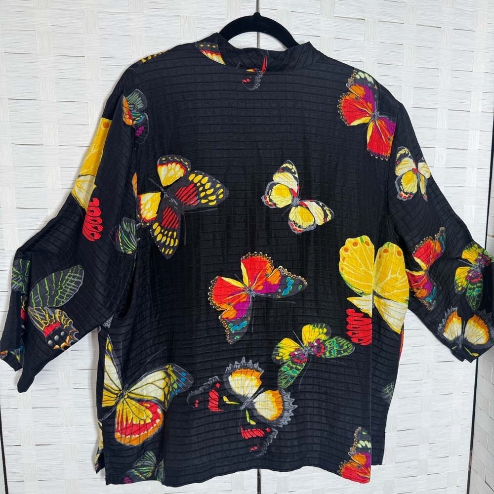 Nexx Silk Linen Black Artsy Whimsical Butterfly Kimono Button Down Jacket Sz 1X - Picture 6 of 12